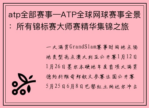atp全部赛事—ATP全球网球赛事全景：所有锦标赛大师赛精华集锦之旅
